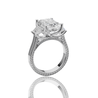 Radiant Cut Three Stone Lab Grown Diamond Ring with Emerald Side Stones Pave Band