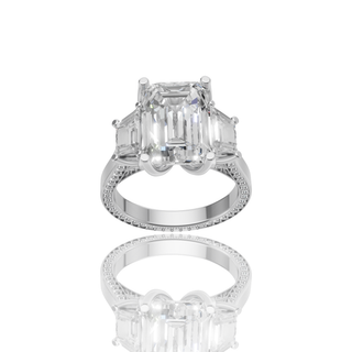 Radiant Cut Three Stone Lab Grown Diamond Ring with Emerald Side Stones Pave Band