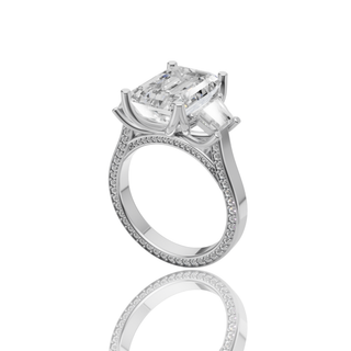 Radiant Cut Three Stone Lab Grown Diamond Ring with Emerald Side Stones Pave Band