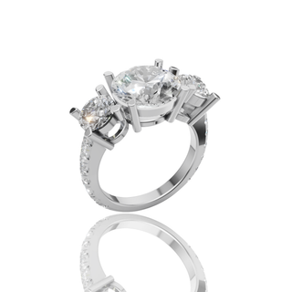 Round Lab Grown Diamond Three Stone Ring with Pave Band Engagement Ring