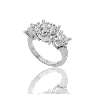 Round Lab Grown Diamond Three Stone Ring with Pave Band Engagement Ring