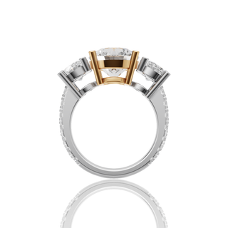 Round Lab Grown Diamond Three Stone Ring with Two Tone Gold Pave Band