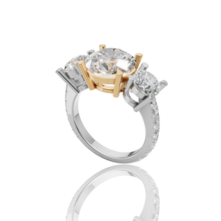 Round Lab Grown Diamond Three Stone Ring with Two Tone Gold Pave Band