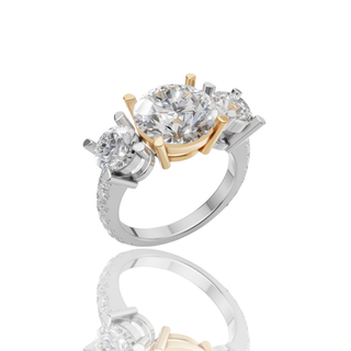 Round Lab Grown Diamond Three Stone Ring with Two Tone Gold Pave Band