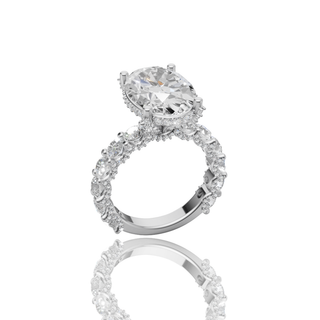 Oval Cut Lab Grown Diamond Engagement Ring with Scalloped Pave Hidden Halo