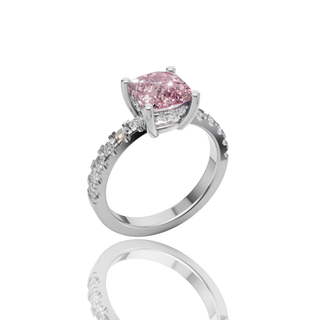 Pink Cushion Cut Lab Diamond Engagement Ring with Pave Band