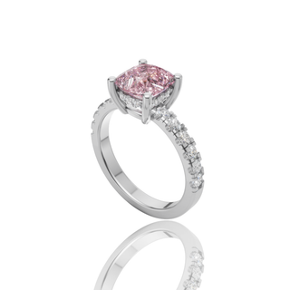 Pink Cushion Cut Lab Diamond Engagement Ring with Pave Band