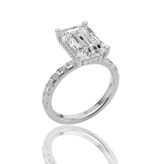Emerald Cut Lab Grown Diamond Solitaire Ring with Hidden Halo Diamond Band