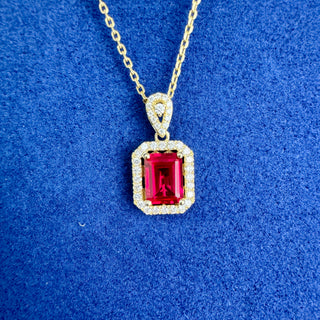 Yellow Gold Red Emerald Halo Necklace