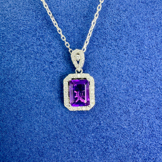 White Gold Purple Emerald Halo Necklace