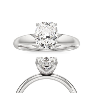 Adalia wide band hidden halo engagement ring, Elongated Cushion lab grown diamond, 14K white gold, front and side view