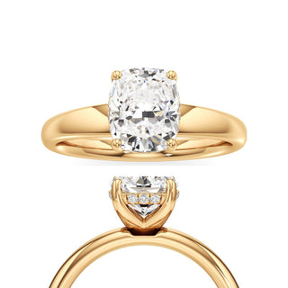Adalia wide band hidden halo engagement ring, Elongated Cushion lab grown diamond, 14K yellow gold, front and side view