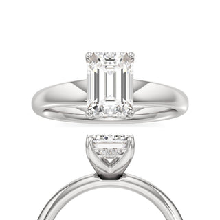 Adalia wide band hidden halo engagement ring, Emerald lab grown diamond, 14K white gold, front and side view