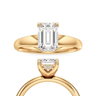 Adalia wide band hidden halo engagement ring, Emerald lab grown diamond, 14K yellow gold, front and side view