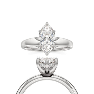 Adalia wide band hidden halo engagement ring, Marquise lab grown diamond, 14K white gold, front and side view