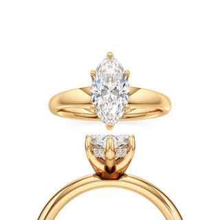 Adalia wide band hidden halo engagement ring, Marquise lab grown diamond, 14K yellow gold, front and side view