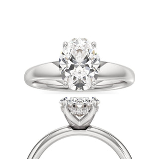 Adalia wide band hidden halo engagement ring, Oval lab grown diamond, 14K white gold, front and side view