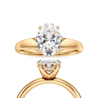 Adalia wide band hidden halo engagement ring, Oval lab grown diamond, 14K yellow gold, front and side view
