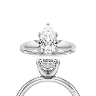 Adalia wide band hidden halo engagement ring, Pear lab grown diamond, 14K white gold, front and side view