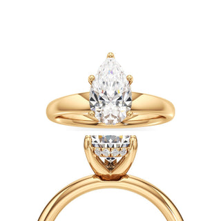 Adalia wide band hidden halo engagement ring, Pear lab grown diamond, 14K yellow gold, front and side view