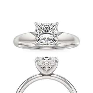 Adalia wide band hidden halo engagement ring, Princess lab grown diamond, 14K white gold, front and side view