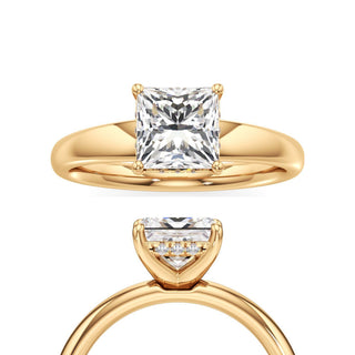 Adalia wide band hidden halo engagement ring, Princess lab grown diamond, 14K yellow gold, front and side view
