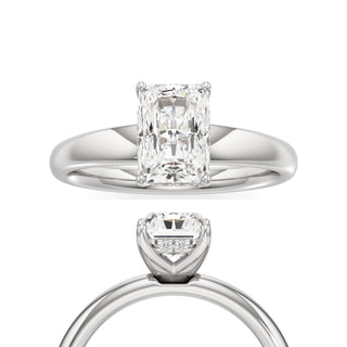 Adalia wide band hidden halo engagement ring, Radiant lab grown diamond, 14K white gold, front and side view