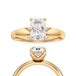 Adalia wide band hidden halo engagement ring, Radiant lab grown diamond, 14K yellow gold, front and side view