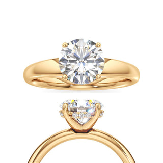Adalia wide band hidden halo engagement ring, Round lab grown diamond, 14K yellow gold, front and side view