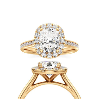 Cathedral Channel Set Halo Elongated Cushion Engagement Ring