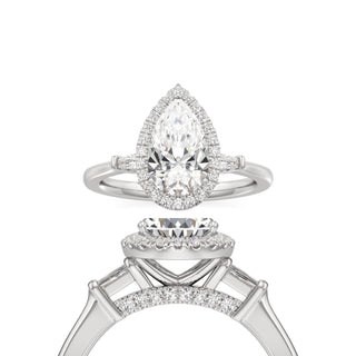 Eirlys Pear Halo with Baguette Side Stones