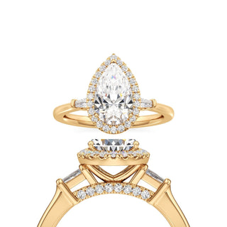 Eirlys Pear Halo with Baguette Side Stones