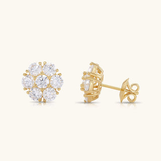 14K Gold Diamond Cluster Stud Earrings: Flower Design