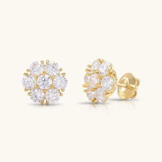 14K Gold Diamond Cluster Stud Earrings: Flower Design