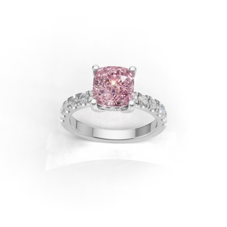 Pink Cushion Cut Lab Diamond Engagement Ring with Pave Band